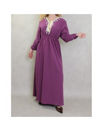 Robe longue féminine avec décoration écailles dorées et pompons - Couleur violet 