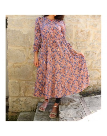 Robe d'été à volants motifs fleuris et dorés pour femme - Couleur rouille et bleu 