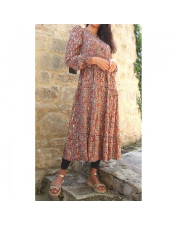Robe mi-longue à volant motif fleurie et dorée pour femme - Couleur rouille et noir 