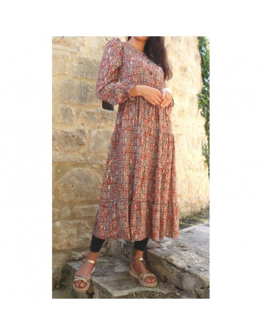 Robe mi-longue à volant motif fleurie et dorée pour femme - Couleur rouille et noir Robe mi-longue à volant motif fleurie et dorée pour femme - Couleur rouille et noir