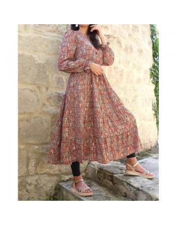 Robe mi-longue à volant motif fleurie et dorée pour femme - Couleur rouille et noir 