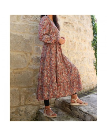 Robe mi-longue à volant motif fleurie et dorée pour femme - Couleur rouille et noir 