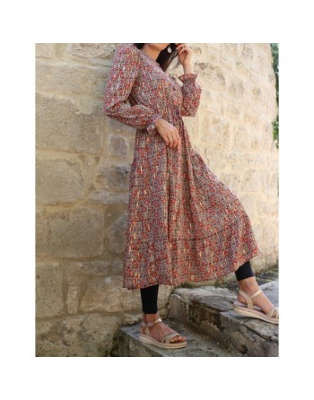 Robe mi-longue à volant motif fleurie et dorée pour femme - Couleur rouille et noir 