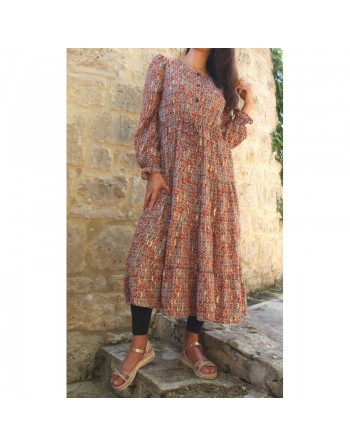 Robe mi-longue à volant motif fleurie et dorée pour femme - Couleur rouille et noir 