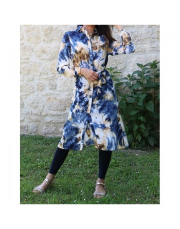 Chemise Tunique longue imprimée avec ceinture assortie - Couleur bleu et jaune 