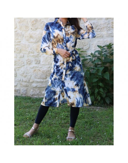 Chemise Tunique longue imprimée avec ceinture assortie - Couleur bleu et jaune Chemise Tunique longue imprimée avec ceinture assortie - Couleur bleu et jaune