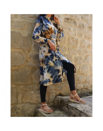 Chemise Tunique longue imprimée avec ceinture assortie - Couleur bleu et jaune 