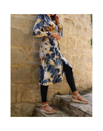 Chemise Tunique longue imprimée avec ceinture assortie - Couleur bleu et jaune 