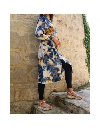 Chemise Tunique longue imprimée avec ceinture assortie - Couleur bleu et jaune 