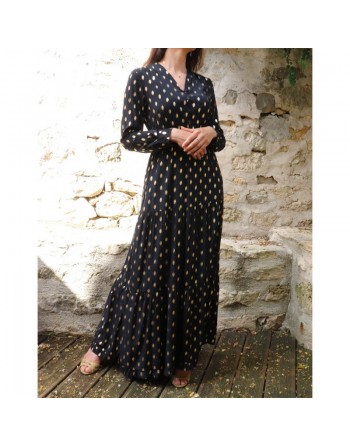 Robe très longue à volants pour femme - Couleur Noir avec motifs dorés 