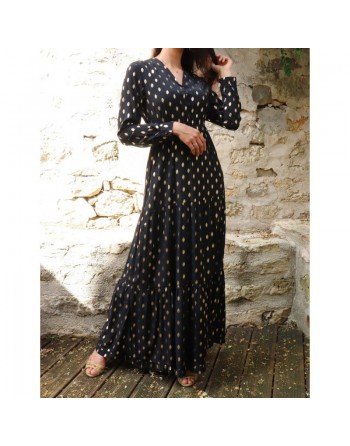 Robe très longue à volants pour femme - Couleur Noir avec motifs dorés 