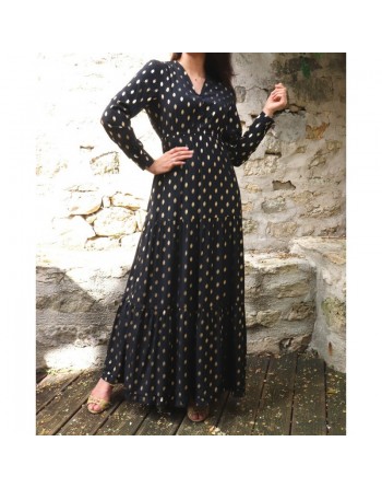 Robe très longue à volants pour femme - Couleur Noir avec motifs dorés 