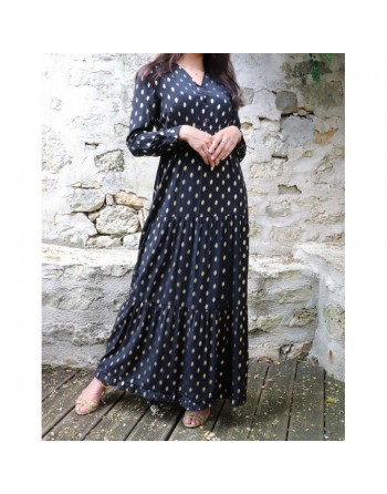 Robe très longue à volants pour femme - Couleur Noir avec motifs dorés 