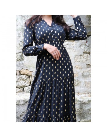 Robe très longue à volants pour femme - Couleur Noir avec motifs dorés 