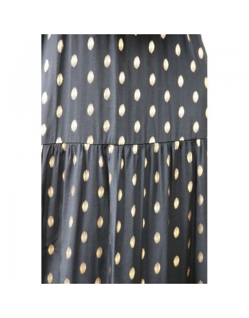 Robe très longue à volants pour femme - Couleur Noir avec motifs dorés 