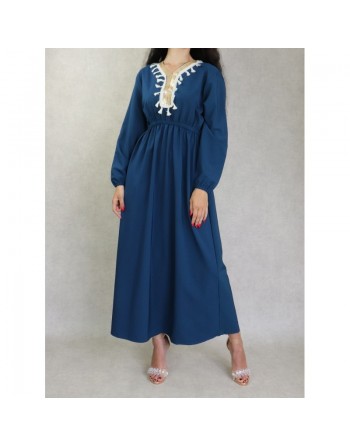 Robe longue féminine avec décoration écailles dorées et pompons - Couleur Bleu 