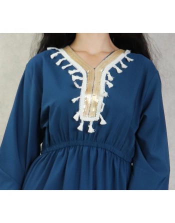 Robe longue féminine avec décoration écailles dorées et pompons - Couleur Bleu 