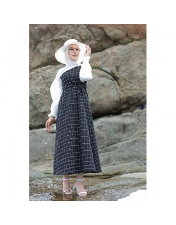 Robe longue à carreaux pour femme - Couleur noir 