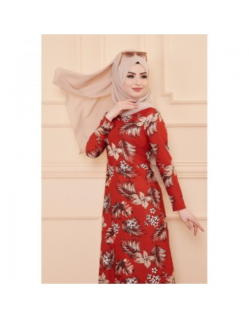Robe fleurie en crêpe pour femme - Couleur brique 