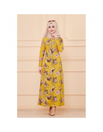 Robe évasée en crêpe motif fleurs pour femme - Couleur moutarde 