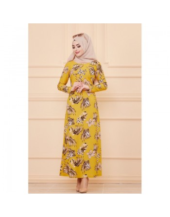 Robe évasée en crêpe motif fleurs pour femme - Couleur moutarde 