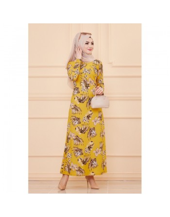 Robe évasée en crêpe motif fleurs pour femme - Couleur moutarde 
