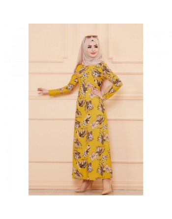 Robe évasée en crêpe motif fleurs pour femme - Couleur moutarde 