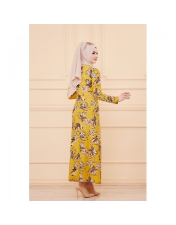 Robe évasée en crêpe motif fleurs pour femme - Couleur moutarde 