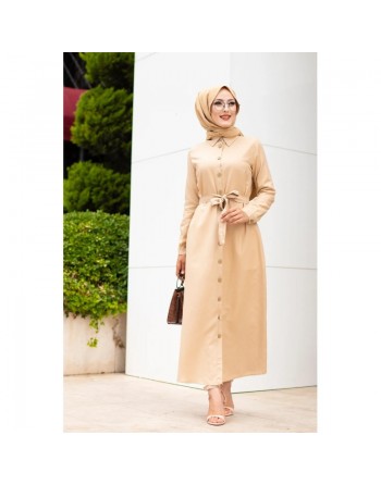 Robe boutonnée avec ceinture assortie pour femme (Tenue de ville chic pour hijab) - Couleur beige 