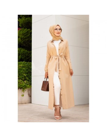 Robe boutonnée avec ceinture assortie pour femme (Tenue de ville chic pour hijab) - Couleur beige 