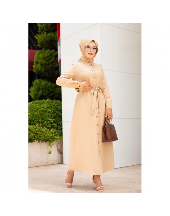 Robe boutonnée avec ceinture assortie pour femme (Tenue de ville chic pour hijab) - Couleur beige 