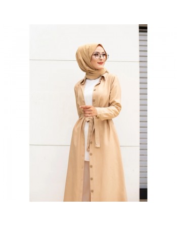Robe boutonnée avec ceinture assortie pour femme (Tenue de ville chic pour hijab) - Couleur beige 