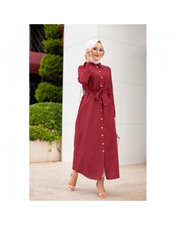 Robe boutonnée avec ceinture pour femme voilée (Vêtement Hijab Chic - Boutique en ligne française) - Couleur bordeaux 