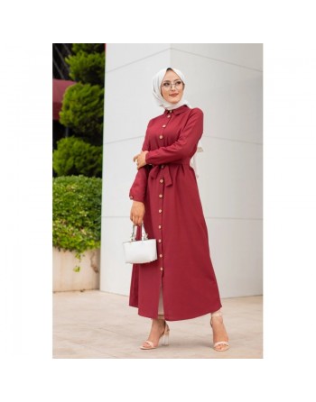 Robe boutonnée avec ceinture pour femme voilée (Vêtement Hijab Chic - Boutique en ligne française) - Couleur bordeaux 