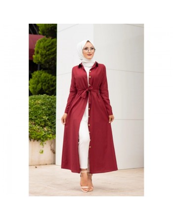 Robe boutonnée avec ceinture pour femme voilée (Vêtement Hijab Chic - Boutique en ligne française) - Couleur bordeaux 
