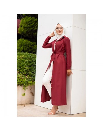 Robe boutonnée avec ceinture pour femme voilée (Vêtement Hijab Chic - Boutique en ligne française) - Couleur bordeaux 