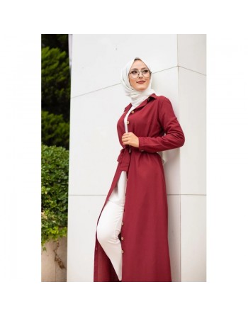 Robe boutonnée avec ceinture pour femme voilée (Vêtement Hijab Chic - Boutique en ligne française) - Couleur bordeaux 