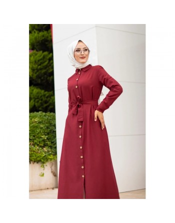 Robe boutonnée avec ceinture pour femme voilée (Vêtement Hijab Chic - Boutique en ligne française) - Couleur bordeaux 