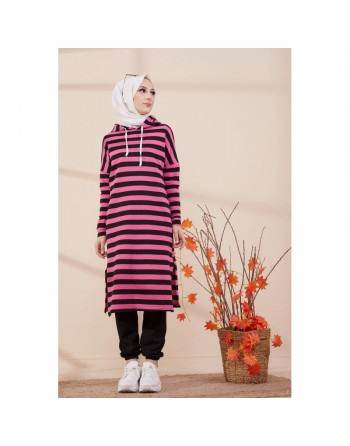 Tunique longue à rayures avec capuche (Vêtement décontracté et sport pour hijab) - Couleur rose 