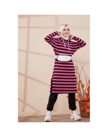 Tunique longue à rayures avec capuche (Vêtement décontracté et sport pour hijab) - Couleur rose 