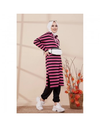 Tunique longue à rayures avec capuche (Vêtement décontracté et sport pour hijab) - Couleur rose 
