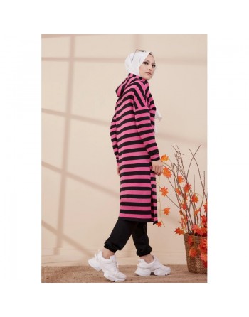 Tunique longue à rayures avec capuche (Vêtement décontracté et sport pour hijab) - Couleur rose 