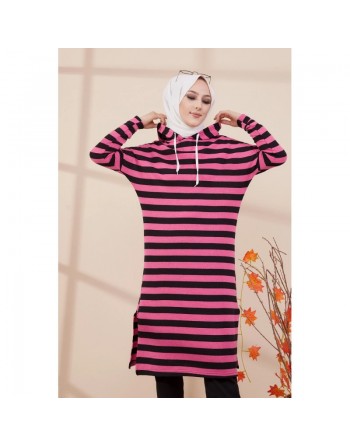 Tunique longue à rayures avec capuche (Vêtement décontracté et sport pour hijab) - Couleur rose 