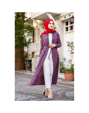 Robe boutonnée Chemise longue écossaise avec ceinture assortie (Vetement style hijab pour femme voilée) - Couleur rouge 