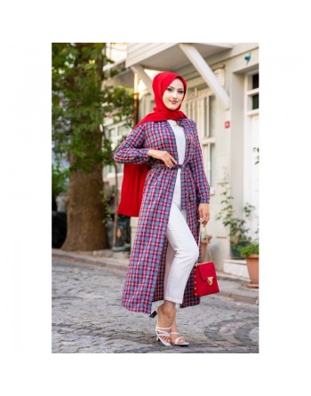 Robe boutonnée Chemise longue écossaise avec ceinture assortie (Vetement style hijab pour femme voilée) - Couleur rouge 