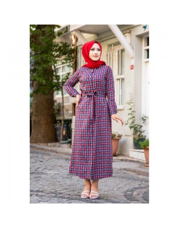 Robe boutonnée Chemise longue écossaise avec ceinture assortie (Vetement style hijab pour femme voilée) - Couleur rouge 