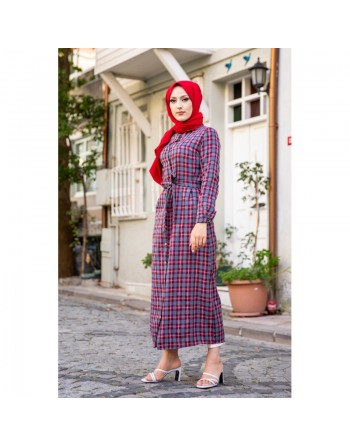 Robe boutonnée Chemise longue écossaise avec ceinture assortie (Vetement style hijab pour femme voilée) - Couleur rouge 