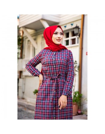Robe boutonnée Chemise longue écossaise avec ceinture assortie (Vetement style hijab pour femme voilée) - Couleur rouge 