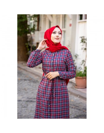 Robe boutonnée Chemise longue écossaise avec ceinture assortie (Vetement style hijab pour femme voilée) - Couleur rouge 