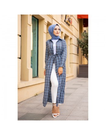 Robe-Chemise boutonnée écossaise longue avec ceinture assortie pour femme (Vetement Modest Fashion) - Couleur bleu clair 